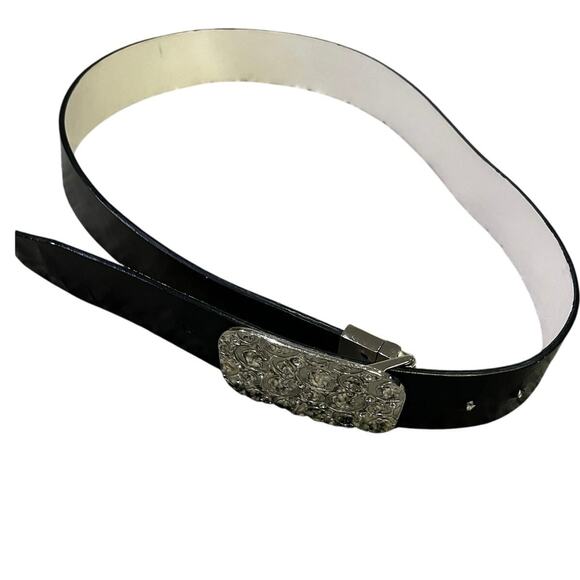 🌟3 for $35🌟 Guess Black Logo “G” Belt Silver Buckle, Rhinestone Adjustable Sz L - Picture 2 of 6